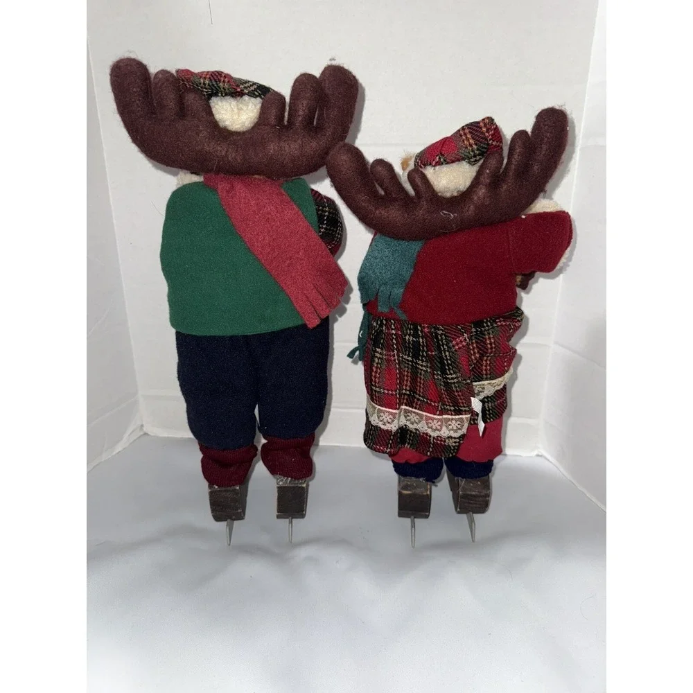 Vintage 2 Chris Moose Christmas Stand Alone Decor Ice Skating Couple Baby Winter
